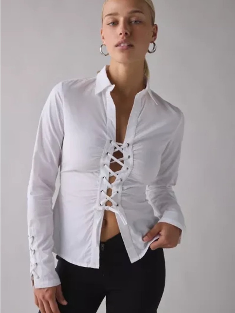 Motel Wyn Split-Front Corset Tie Long Sleeve Slim Shirt